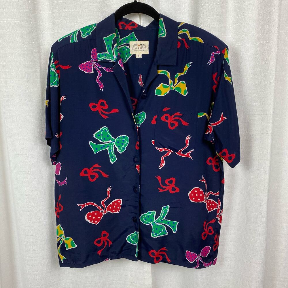 Susan Bristol Vintage Two Piece Blue&Multi Bow Print Blouse&Skirt Sz.8 - Picture 10 of 14